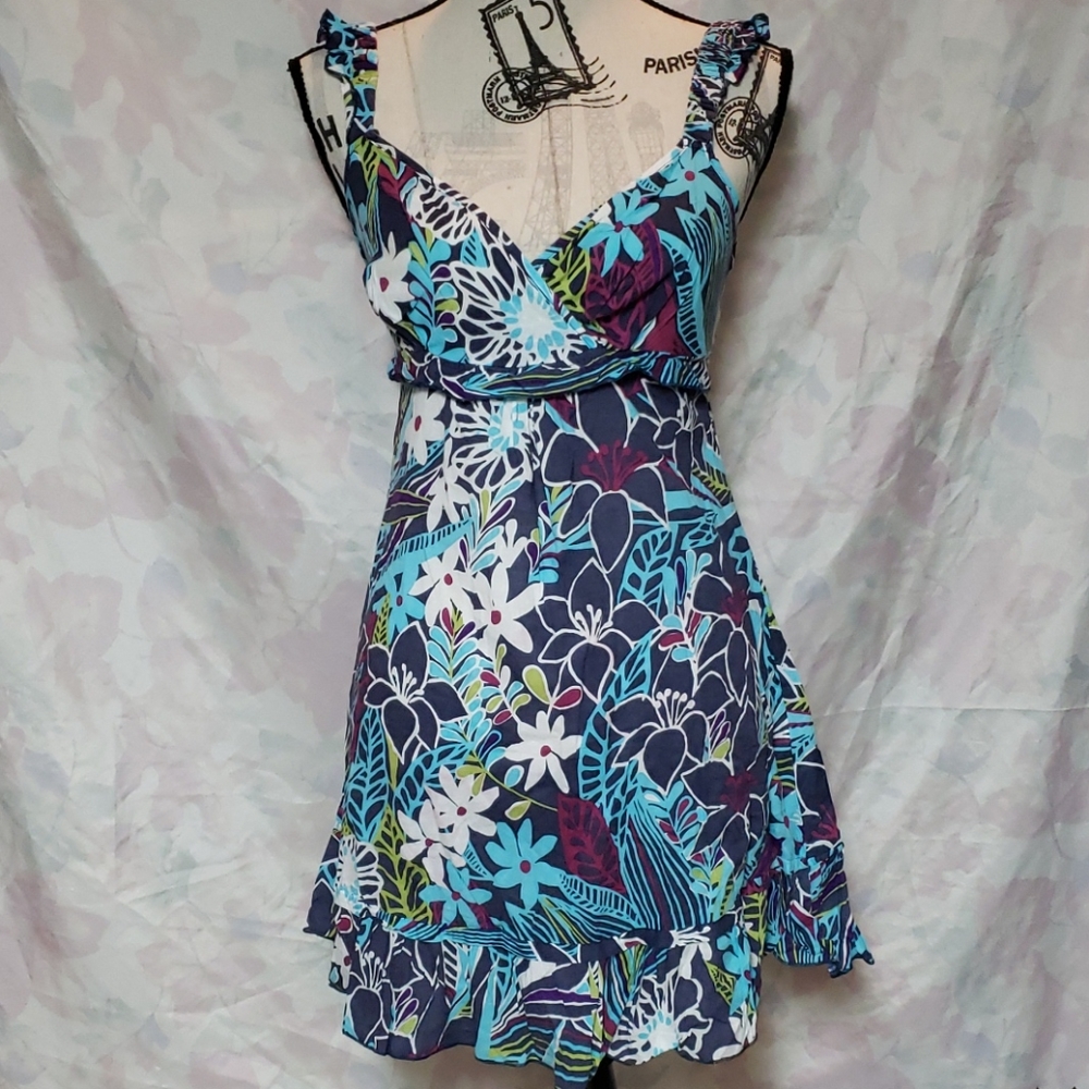 ROCHA JOHN Floral Art Dress Ruffle Strap Tie Up Tropical Beach Coachella Coastal